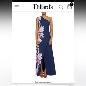 Kay Unger One-Shoulder Blue Dress with Pink Floral Design